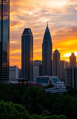 A stunning view of Jakarta on the left side, featuring towering skyscrapers against a vibrant sunset sky