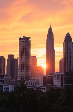 A stunning view of Jakarta on the left side, featuring towering skyscrapers against a vibrant sunset sky