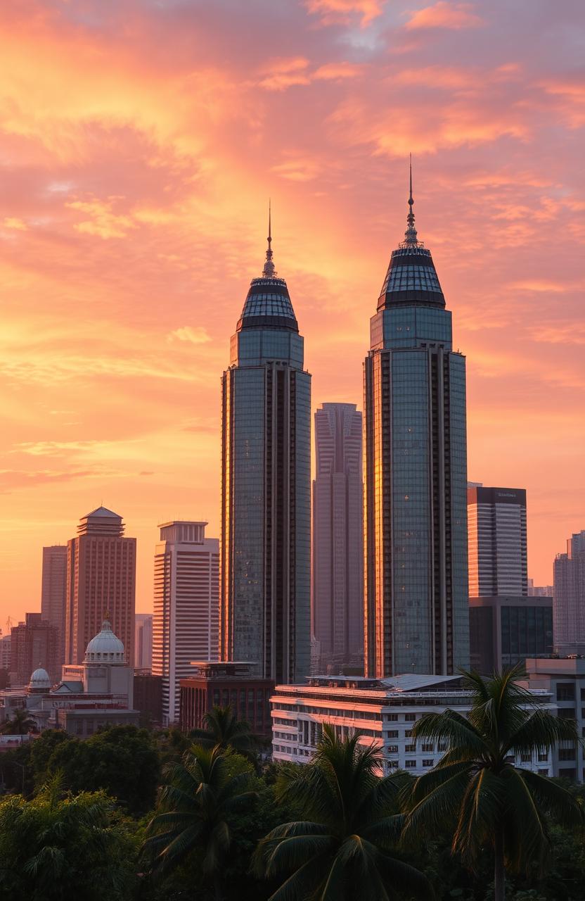 A stunning view of Jakarta on the left side, featuring towering skyscrapers against a vibrant sunset sky