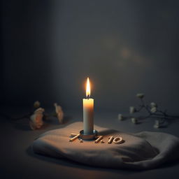 A somber and reflective scene featuring a solitary memory candle, gently flickering with a warm glow in a muted, subdued environment