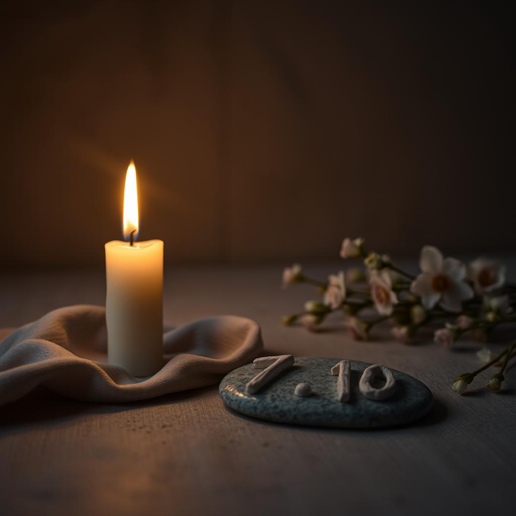 A somber and reflective scene featuring a solitary memory candle, gently flickering with a warm glow in a muted, subdued environment