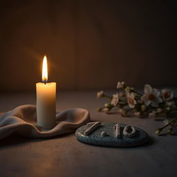 A somber and reflective scene featuring a solitary memory candle, gently flickering with a warm glow in a muted, subdued environment