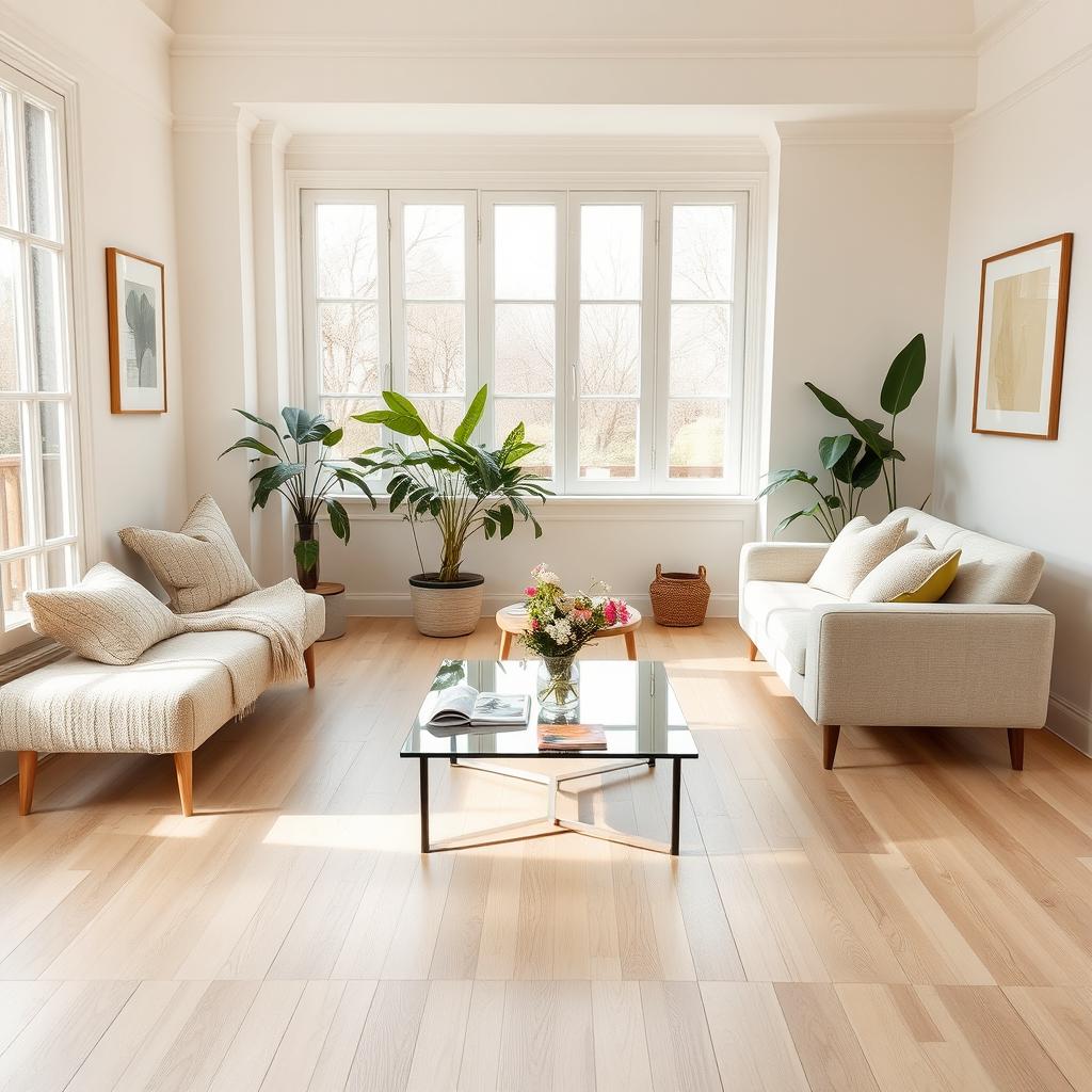 A beautifully designed light living room interior, featuring a soft, cozy bench alongside a plush sofa that exudes comfort