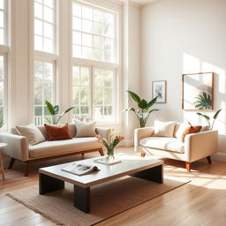 A beautifully designed light living room interior, featuring a soft, cozy bench alongside a plush sofa that exudes comfort