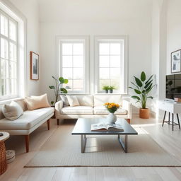 A beautifully designed light living room interior, featuring a soft, cozy bench alongside a plush sofa that exudes comfort