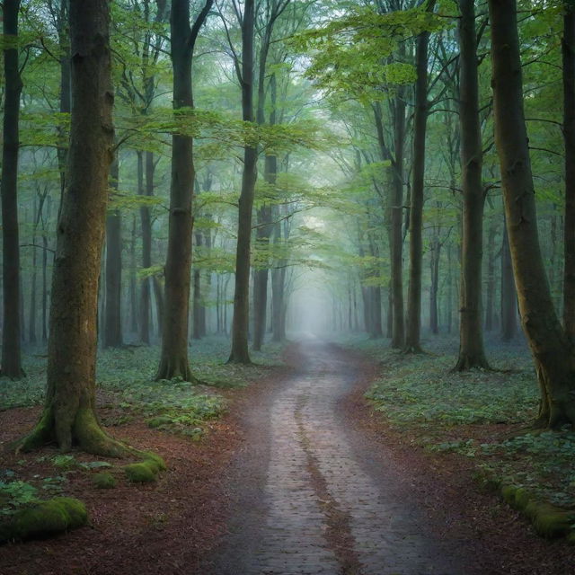 A serene, mystical forest illuminated by the silver glow of a full moon, emphasizing the various shades of greens and blues. Shadows beneath the trees hide innumerable secrets. A cobblestone path winds its way invitingly into the heart of the forest.