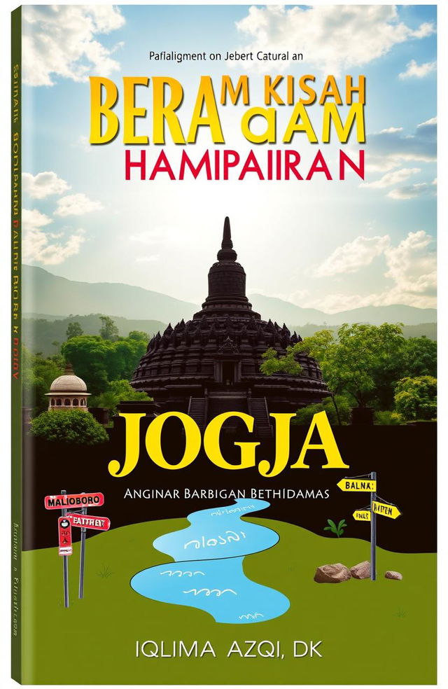 A book cover design featuring the iconic panorama of Borobudur Temple with a captivating bright sky and lush green trees surrounding it