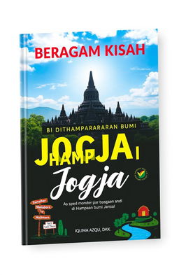 A book cover design featuring the iconic panorama of Borobudur Temple with a captivating bright sky and lush green trees surrounding it