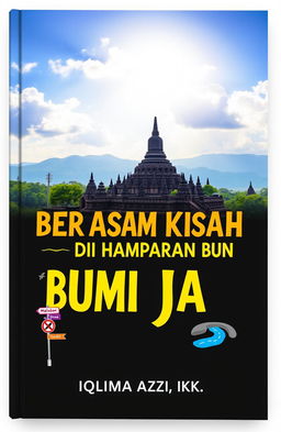 A book cover design featuring the iconic panorama of Borobudur Temple with a captivating bright sky and lush green trees surrounding it