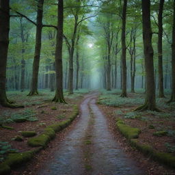 A serene, mystical forest illuminated by the silver glow of a full moon, emphasizing the various shades of greens and blues. Shadows beneath the trees hide innumerable secrets. A cobblestone path winds its way invitingly into the heart of the forest.