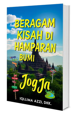 A book cover design featuring the iconic panorama of Borobudur Temple with a captivating bright sky and lush green trees surrounding it