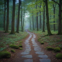 A serene, mystical forest illuminated by the silver glow of a full moon, emphasizing the various shades of greens and blues. Shadows beneath the trees hide innumerable secrets. A cobblestone path winds its way invitingly into the heart of the forest.