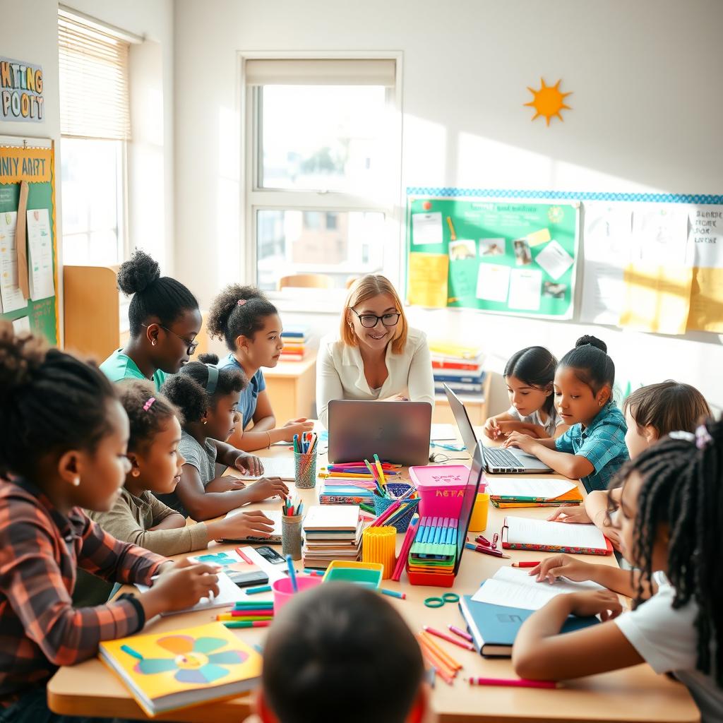 A vibrant classroom scene filled with diverse students actively engaged in a group project, showcasing a mix of ethnicities including African American, Hispanic, and Caucasian children