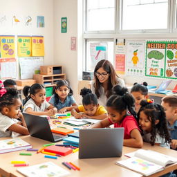 A vibrant classroom scene filled with diverse students actively engaged in a group project, showcasing a mix of ethnicities including African American, Hispanic, and Caucasian children