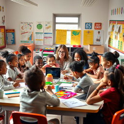 A vibrant classroom scene filled with diverse students actively engaged in a group project, showcasing a mix of ethnicities including African American, Hispanic, and Caucasian children