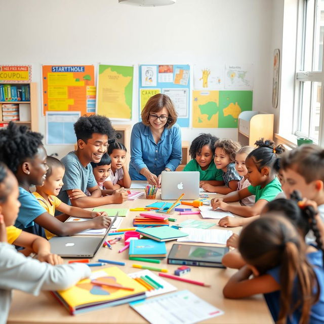 A vibrant classroom scene filled with diverse students actively engaged in a group project, showcasing a mix of ethnicities including African American, Hispanic, and Caucasian children