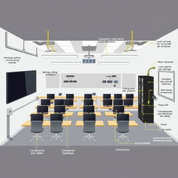 A detailed illustration of a computer science classroom layout divided into four rows, showcasing different cable management and networking elements