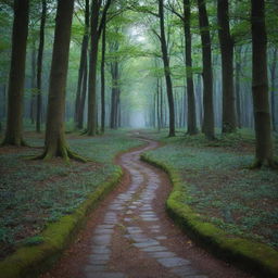 A serene, mystical forest illuminated by the silver glow of a full moon, emphasizing the various shades of greens and blues. Shadows beneath the trees hide innumerable secrets. A cobblestone path winds its way invitingly into the heart of the forest.