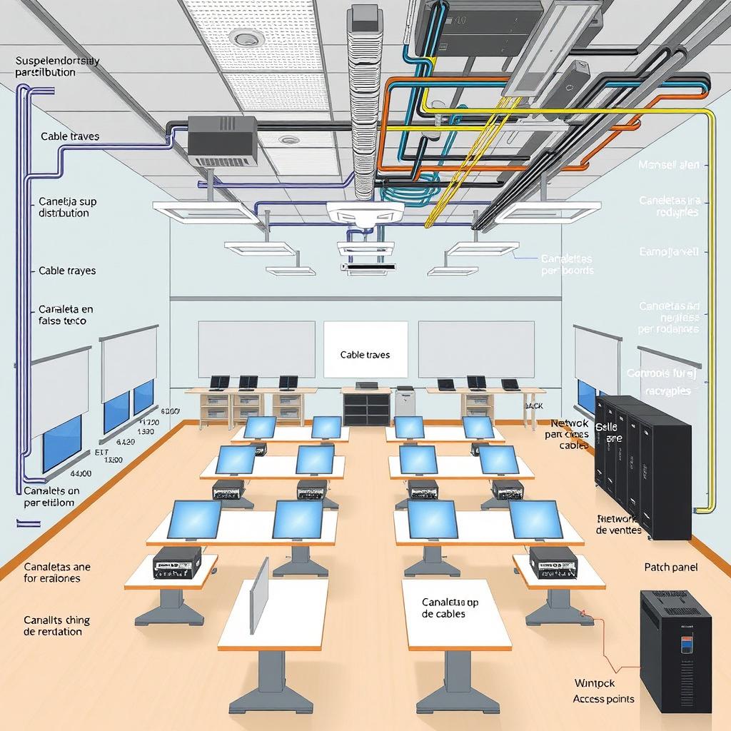 A detailed illustration of a computer science classroom layout divided into four rows, showcasing different cable management and networking elements