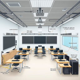 A detailed illustration of a computer science classroom layout divided into four rows, showcasing different cable management and networking elements