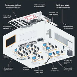 A detailed illustration of a computer science classroom layout divided into four rows, showcasing different cable management and networking elements