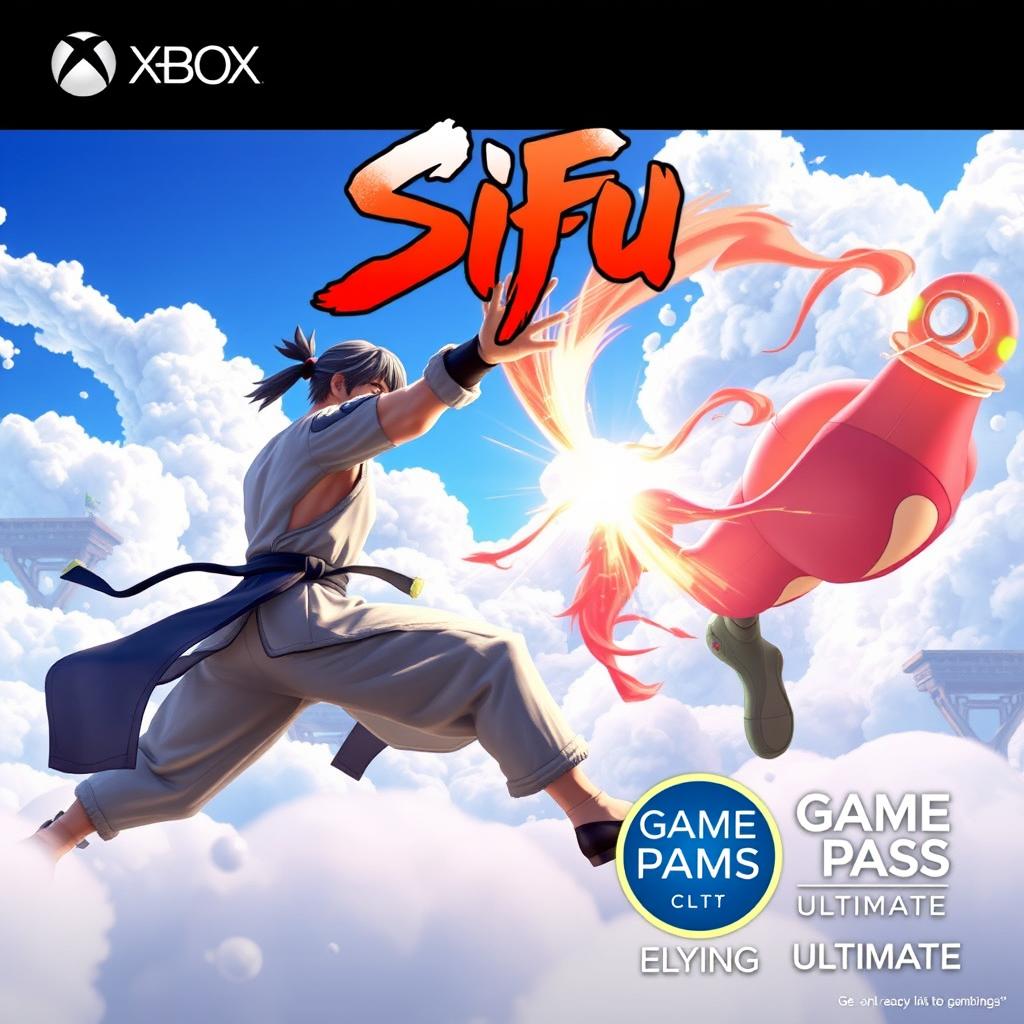 A dynamic scene showcasing gameplay from 'Sifu', featuring a stylish martial arts battle in a vibrant, cloud-themed environment