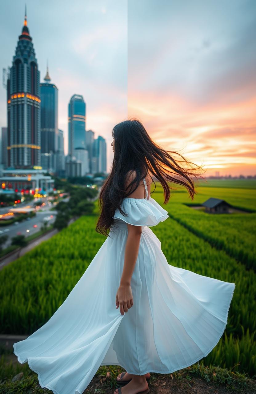 A captivating scene split into two backgrounds: on the left, a bustling cityscape of Jakarta featuring tall skyscrapers reaching into the sky, adorned with dynamic architectural elements and vibrant city lights