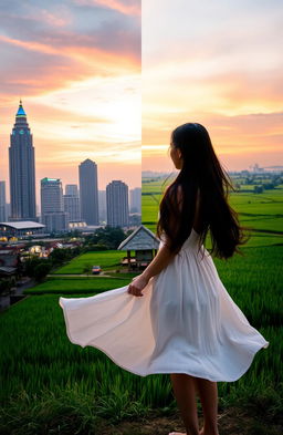 A captivating scene split into two backgrounds: on the left, a bustling cityscape of Jakarta featuring tall skyscrapers reaching into the sky, adorned with dynamic architectural elements and vibrant city lights