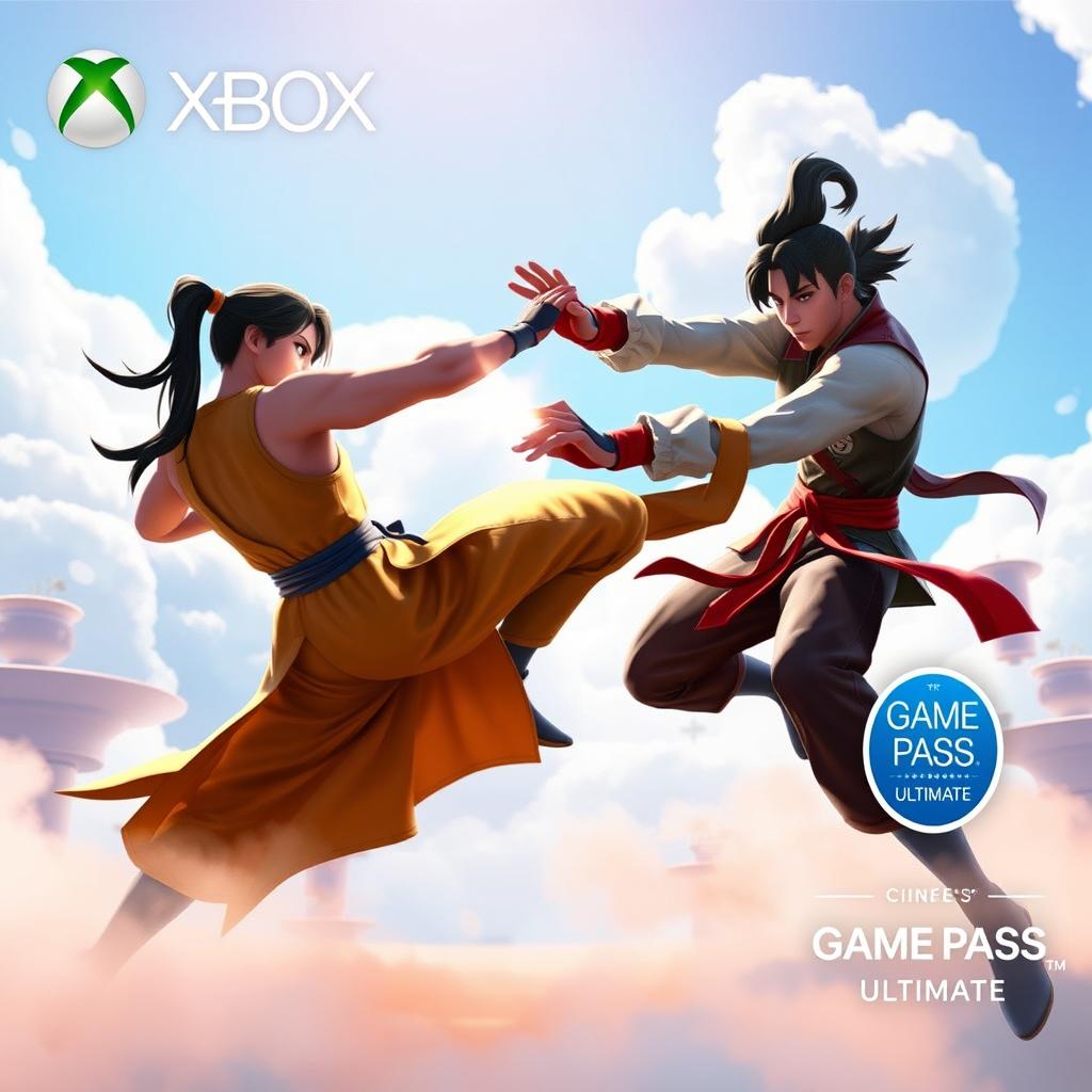 A dynamic scene showcasing gameplay from 'Sifu', featuring a stylish martial arts battle in a vibrant, cloud-themed environment