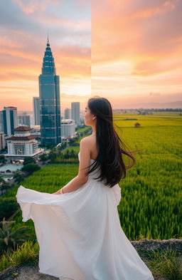 A captivating scene split into two backgrounds: on the left, a bustling cityscape of Jakarta featuring tall skyscrapers reaching into the sky, adorned with dynamic architectural elements and vibrant city lights