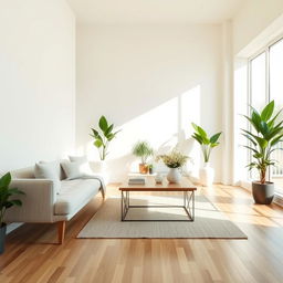 A serene and airy interior of a light living room, showcasing a comfortable, soft bench alongside a stylish sofa that invites relaxation