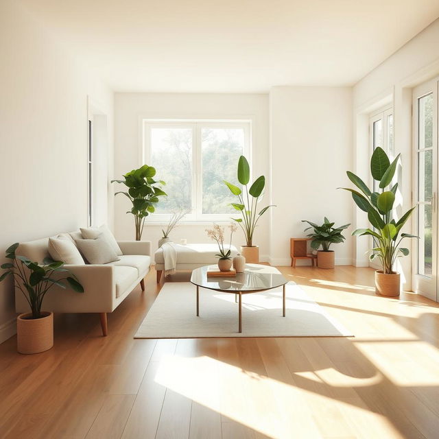 A serene and airy interior of a light living room, showcasing a comfortable, soft bench alongside a stylish sofa that invites relaxation