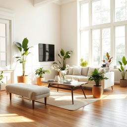 A serene and airy interior of a light living room, showcasing a comfortable, soft bench alongside a stylish sofa that invites relaxation