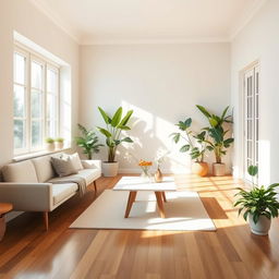 A serene and airy interior of a light living room, showcasing a comfortable, soft bench alongside a stylish sofa that invites relaxation