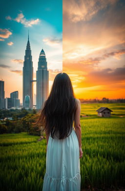 A captivating scene showcasing the contrasting views of Jakarta city on the left, featuring tall skyscrapers reaching for the sky