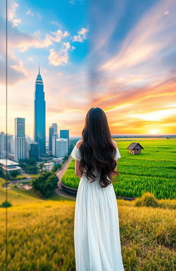 A captivating scene showcasing the contrasting views of Jakarta city on the left, featuring tall skyscrapers reaching for the sky