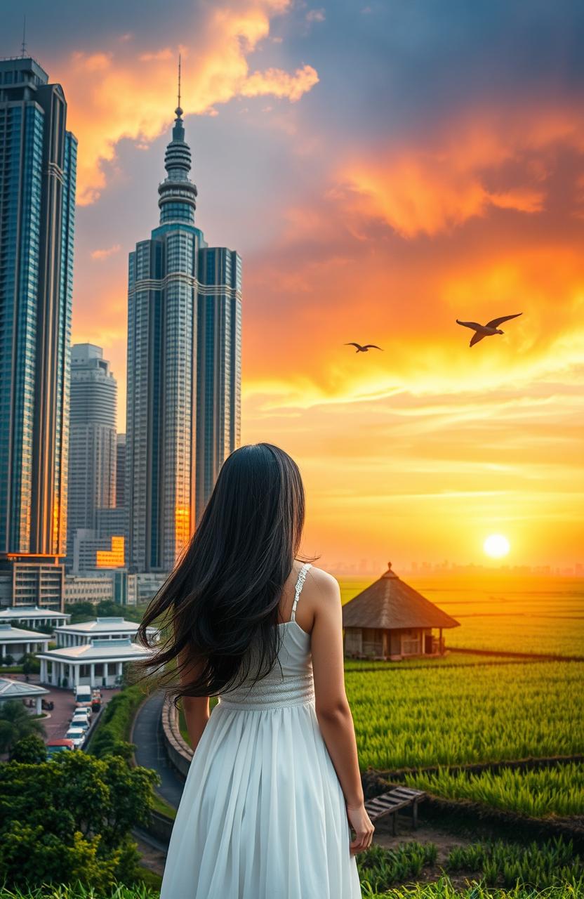 A captivating scene showcasing the contrasting views of Jakarta city on the left, featuring tall skyscrapers reaching for the sky