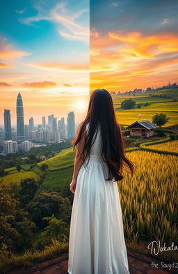 A captivating scene showcasing the contrasting views of Jakarta city on the left, featuring tall skyscrapers reaching for the sky