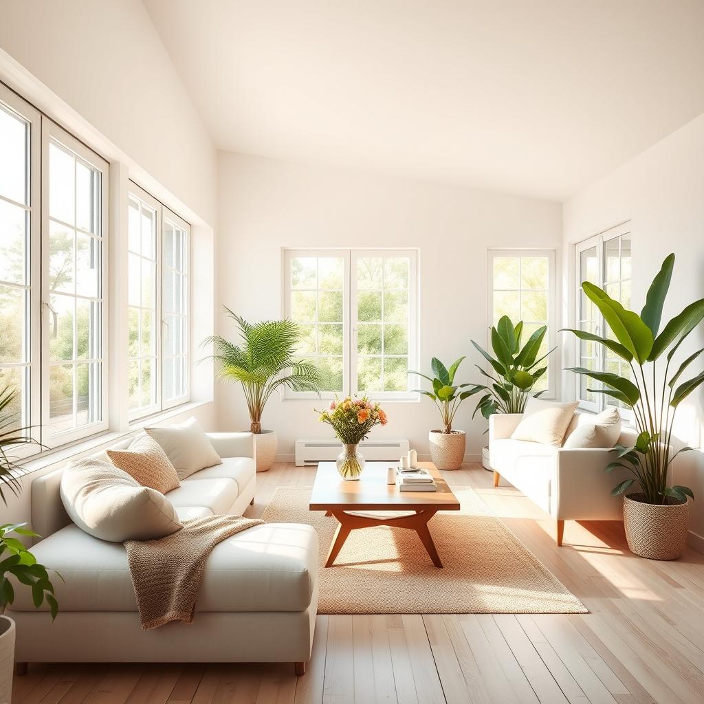 A tranquil and airy interior of a light living room, featuring a soft, inviting bench alongside a comfortable sofa designed for relaxation