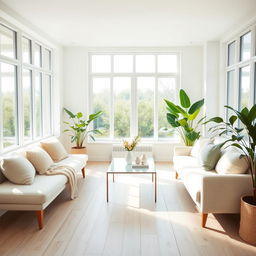 A tranquil and airy interior of a light living room, featuring a soft, inviting bench alongside a comfortable sofa designed for relaxation