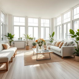 A tranquil and airy interior of a light living room, featuring a soft, inviting bench alongside a comfortable sofa designed for relaxation