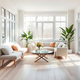 A tranquil and airy interior of a light living room, featuring a soft, inviting bench alongside a comfortable sofa designed for relaxation