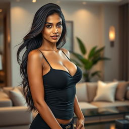 A hot Indian woman in her 30s, exuding confidence and allure, wearing a tight, form-fitting blouse that accentuates her curves and showcases her cleavage