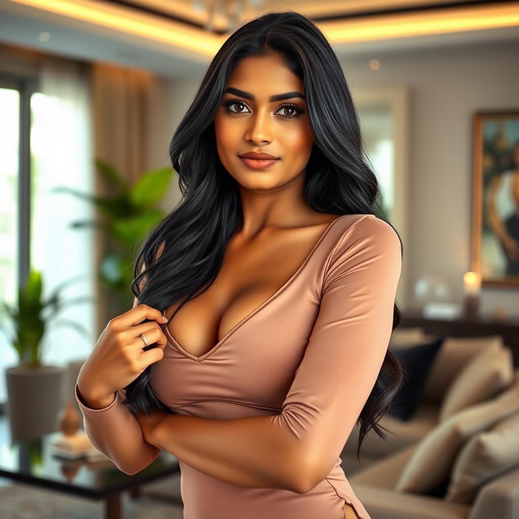 A hot Indian woman in her 30s, exuding confidence and allure, wearing a tight, form-fitting blouse that accentuates her curves and showcases her cleavage