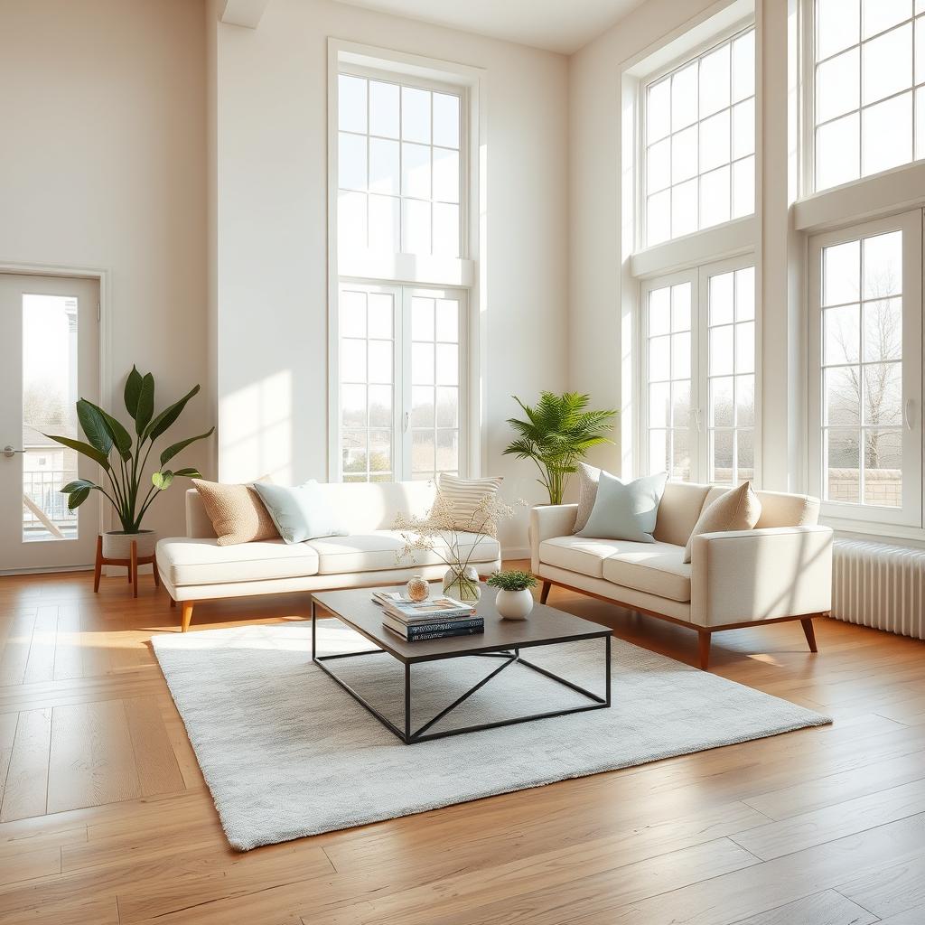 An inviting and airy interior of a light living room, featuring a soft and plush bench paired with a stylish sofa, both exuding comfort and relaxation