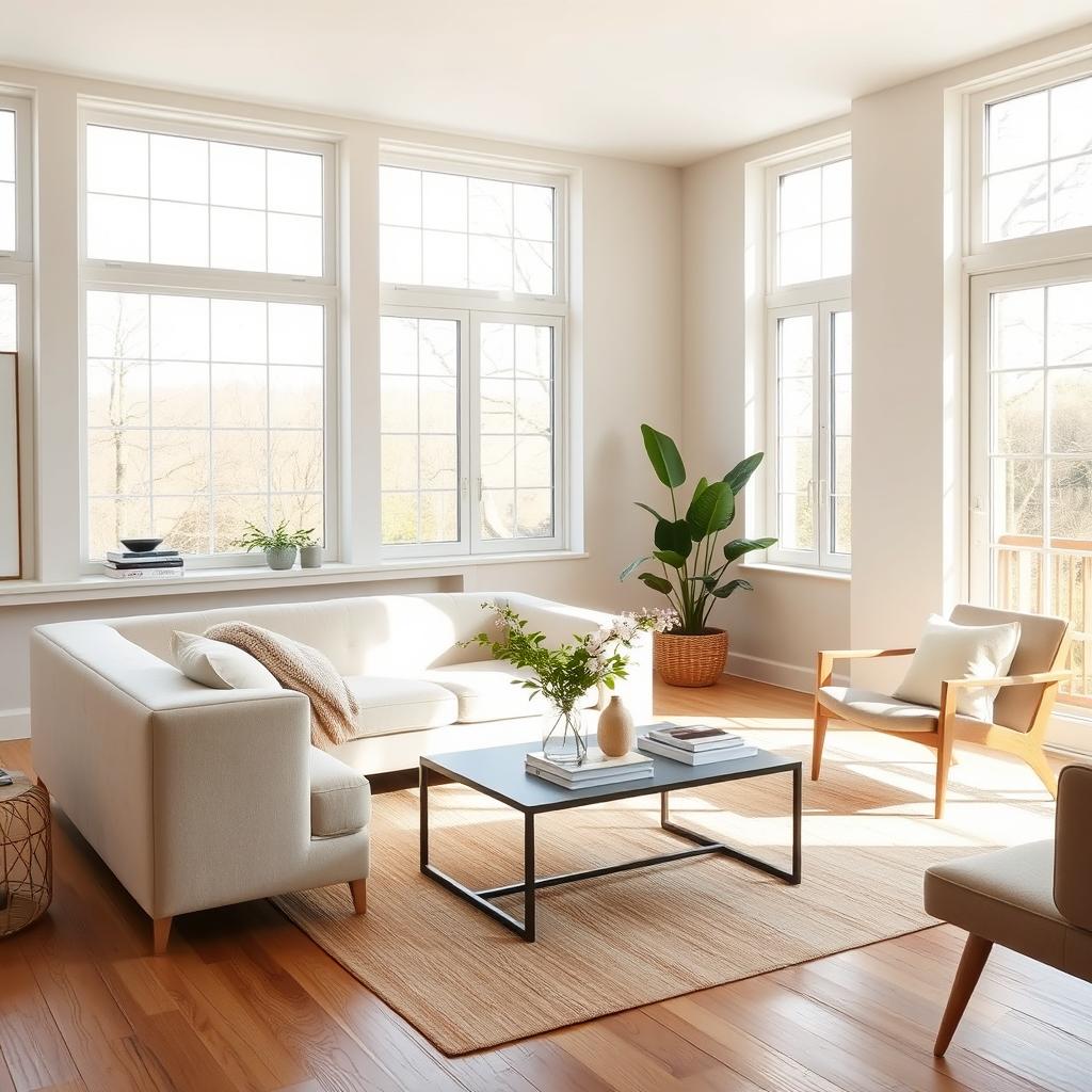 An inviting and airy interior of a light living room, featuring a soft and plush bench paired with a stylish sofa, both exuding comfort and relaxation