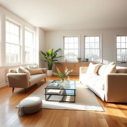 An inviting and airy interior of a light living room, featuring a soft and plush bench paired with a stylish sofa, both exuding comfort and relaxation