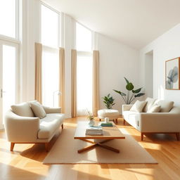 An inviting and airy interior of a light living room, featuring a soft and plush bench paired with a stylish sofa, both exuding comfort and relaxation