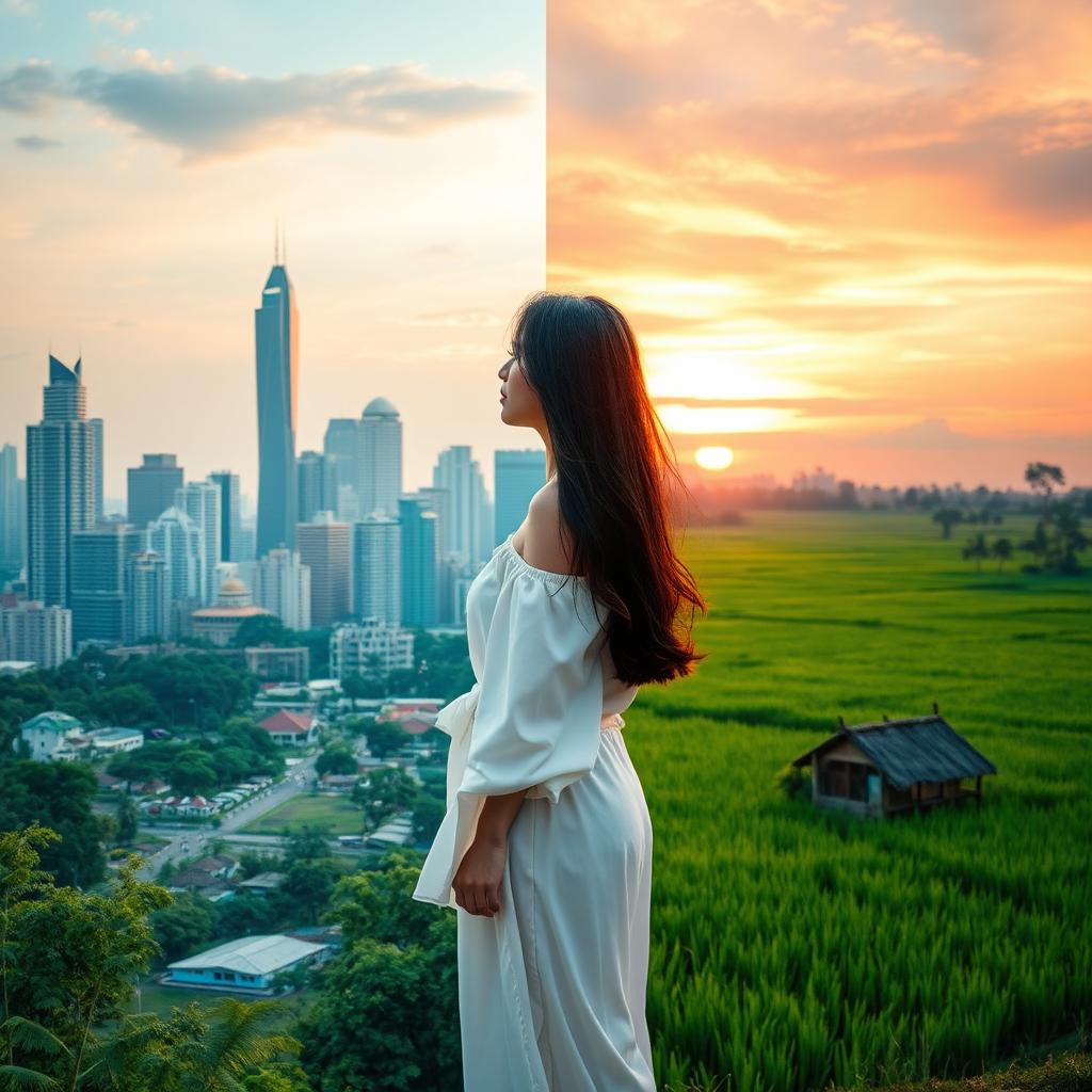 A beautiful scene split into two backgrounds: on the left, the vibrant cityscape of Jakarta filled with towering skyscrapers that soar into the sky, showcasing a blend of modern architecture and urban life