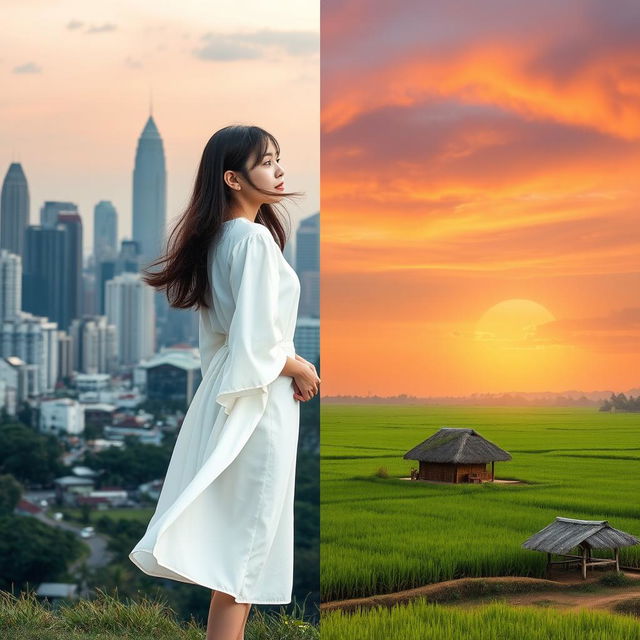 A beautiful scene split into two backgrounds: on the left, the vibrant cityscape of Jakarta filled with towering skyscrapers that soar into the sky, showcasing a blend of modern architecture and urban life